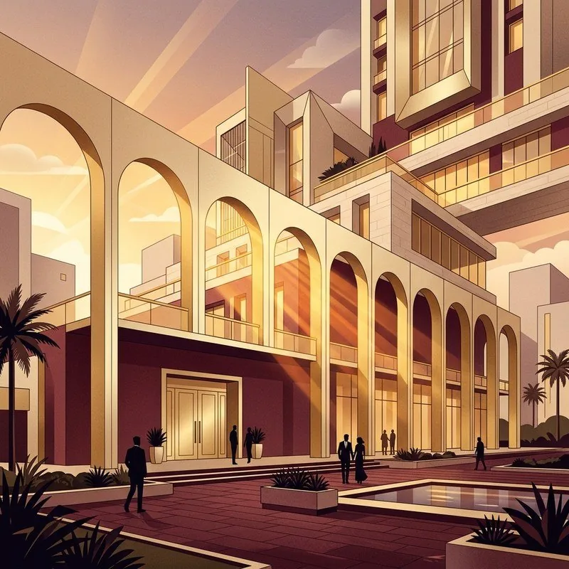 Illustration architecturale des arcades d'une résidence HYPRO au couchant
